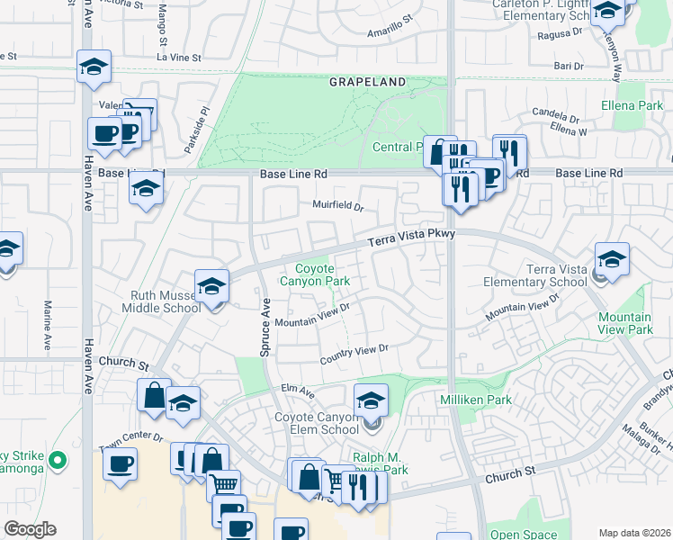 map of restaurants, bars, coffee shops, grocery stores, and more near 11090 Mountain View Drive in Rancho Cucamonga