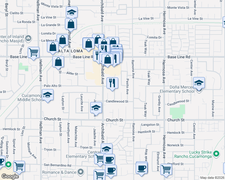 map of restaurants, bars, coffee shops, grocery stores, and more near 7515 Burgundy Avenue in Rancho Cucamonga