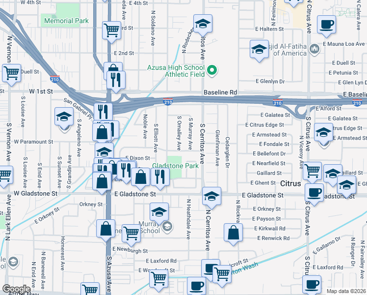 map of restaurants, bars, coffee shops, grocery stores, and more near 531 Mason Street in Azusa