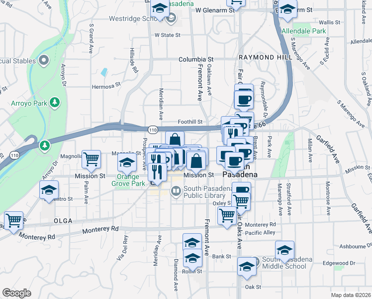 map of restaurants, bars, coffee shops, grocery stores, and more near 704 Fairview Avenue in South Pasadena