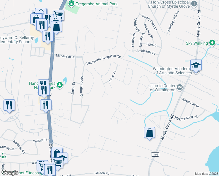 map of restaurants, bars, coffee shops, grocery stores, and more near 6201 Appomattox Drive in Wilmington