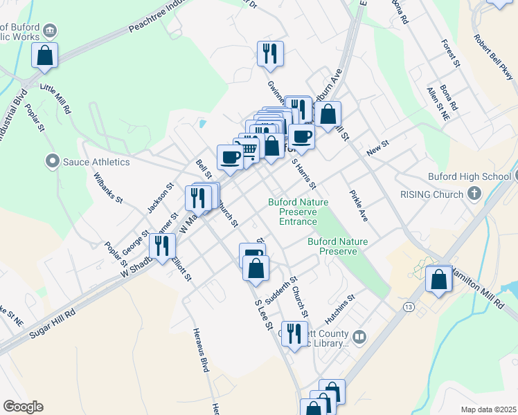 map of restaurants, bars, coffee shops, grocery stores, and more near 180 South Alexander Street in Buford