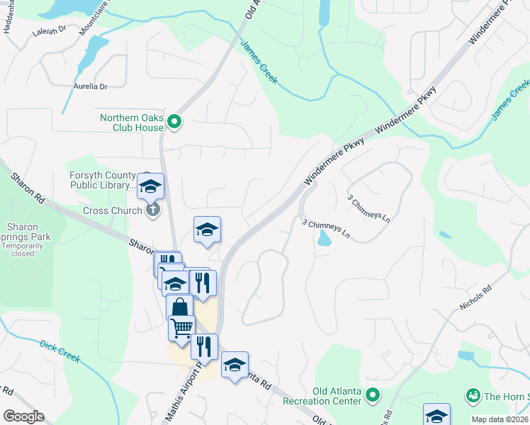 map of restaurants, bars, coffee shops, grocery stores, and more near 3530 Horizon Court in Cumming