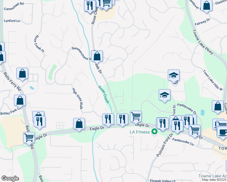 map of restaurants, bars, coffee shops, grocery stores, and more near 305 Jasmine Court in Woodstock