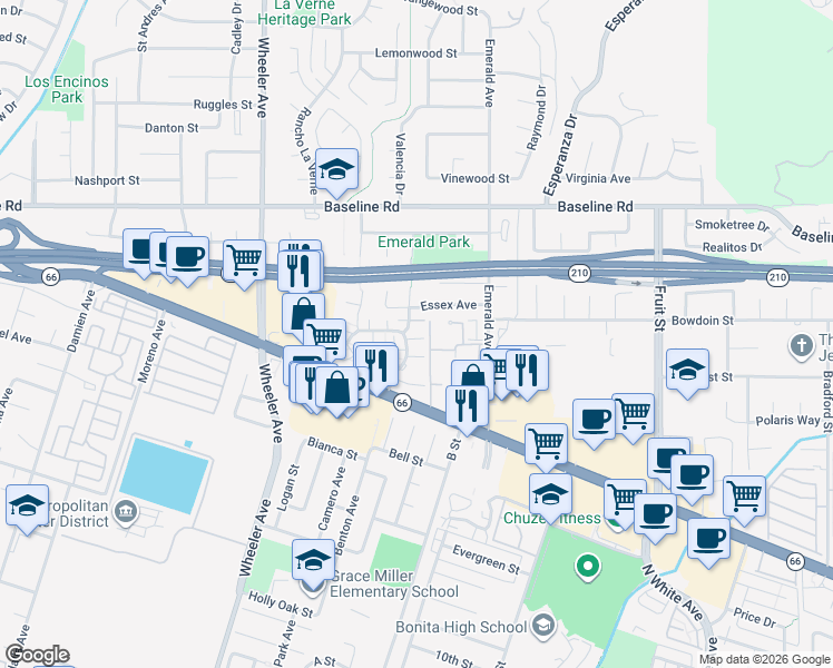 map of restaurants, bars, coffee shops, grocery stores, and more near 3904 Chelsea Drive in La Verne