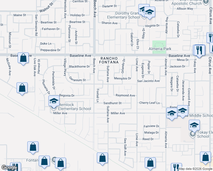 map of restaurants, bars, coffee shops, grocery stores, and more near 7502 Sultana Avenue in Fontana