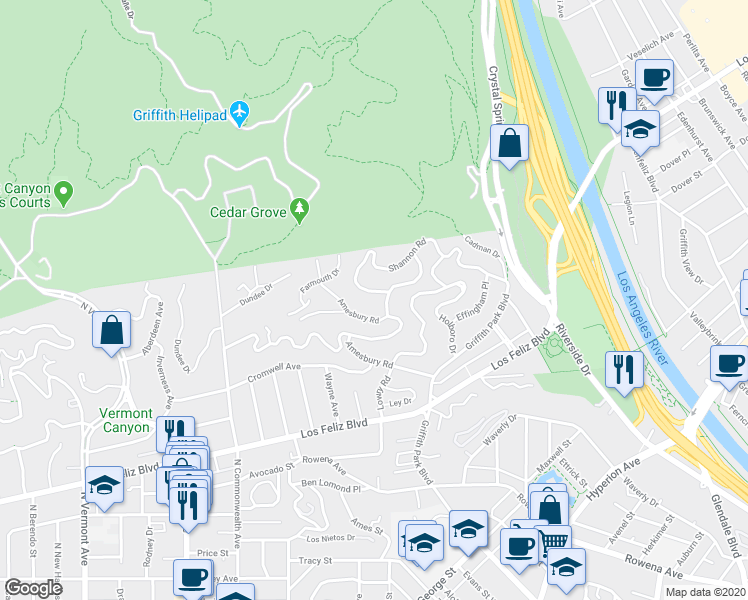 map of restaurants, bars, coffee shops, grocery stores, and more near 3719 Prestwick Drive in Los Angeles
