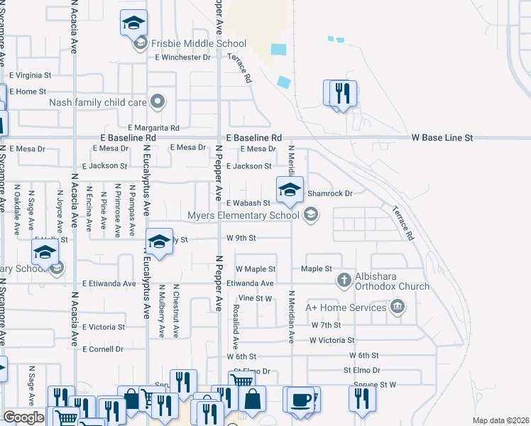 map of restaurants, bars, coffee shops, grocery stores, and more near 1003 Belden Avenue in Rialto