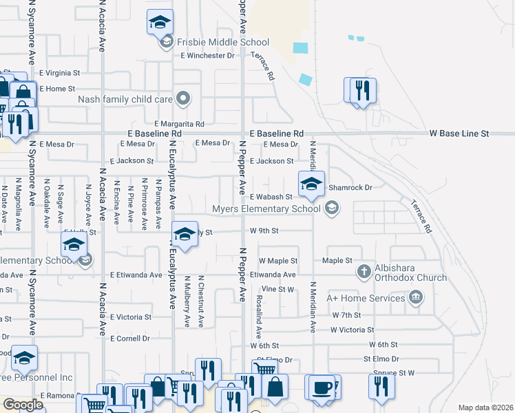 map of restaurants, bars, coffee shops, grocery stores, and more near 1022 Rosalind Avenue in Rialto