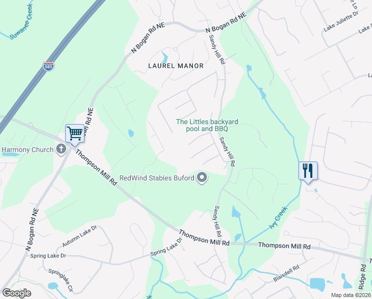 map of restaurants, bars, coffee shops, grocery stores, and more near 3230 Emma Marie Place Northeast in Buford
