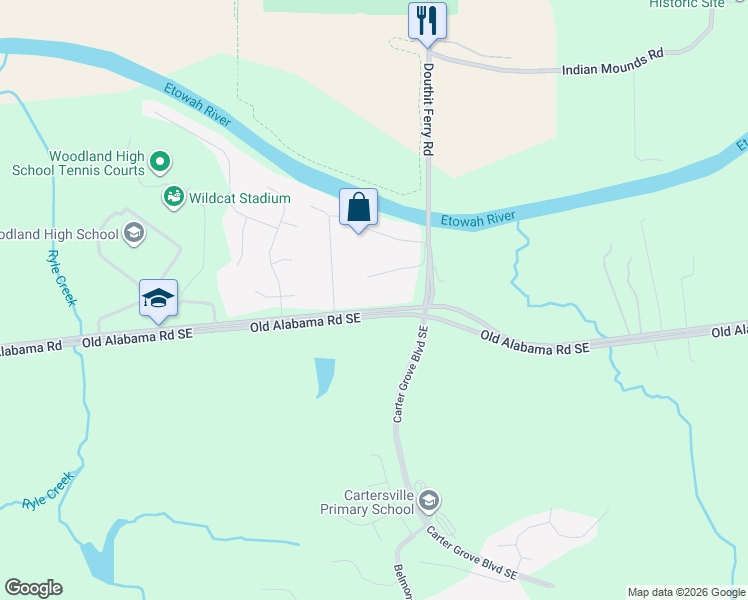 map of restaurants, bars, coffee shops, grocery stores, and more near 690 Old Alabama Road Southeast in Cartersville