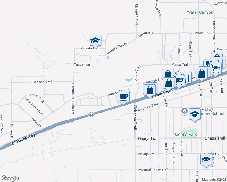 map of restaurants, bars, coffee shops, grocery stores, and more near 55142 Airlane Drive in Yucca Valley