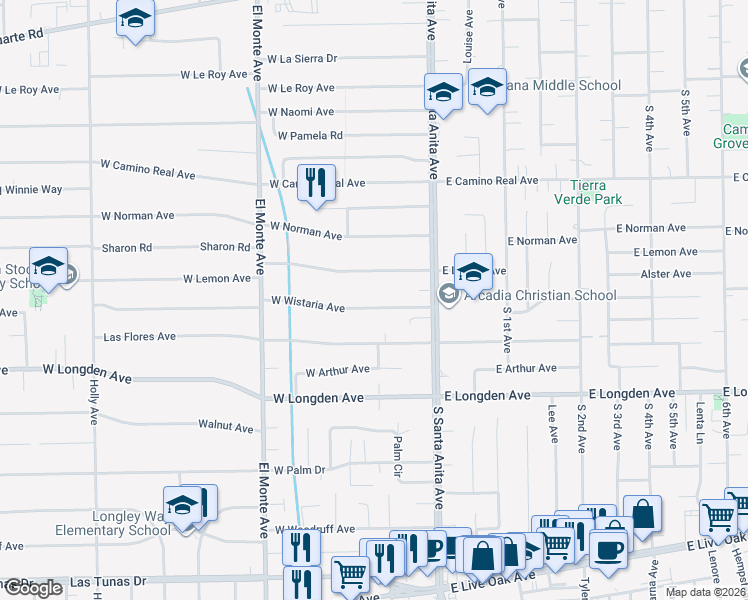 map of restaurants, bars, coffee shops, grocery stores, and more near 67 West Wistaria Avenue in Arcadia