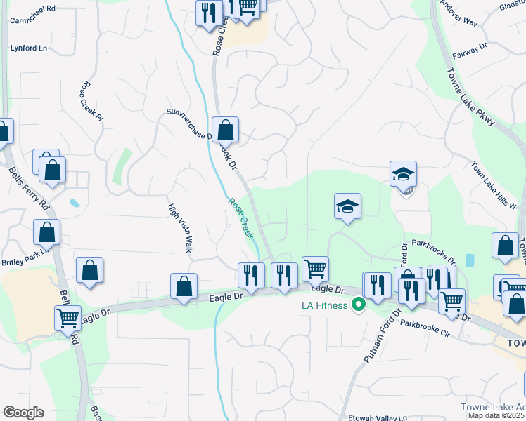 map of restaurants, bars, coffee shops, grocery stores, and more near 305 Jasmine Court in Woodstock