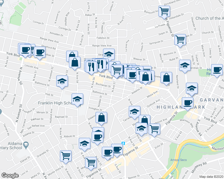 map of restaurants, bars, coffee shops, grocery stores, and more near 621 North Avenue 57 in Los Angeles