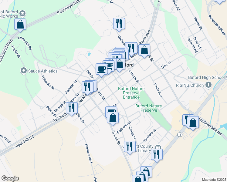 map of restaurants, bars, coffee shops, grocery stores, and more near 180 South Alexander Street in Buford