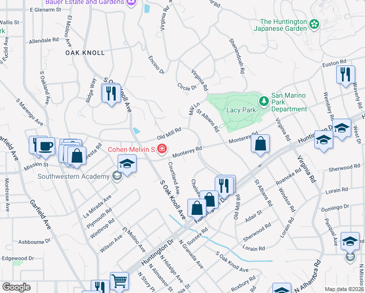 map of restaurants, bars, coffee shops, grocery stores, and more near 3121 Monterey Road in San Marino