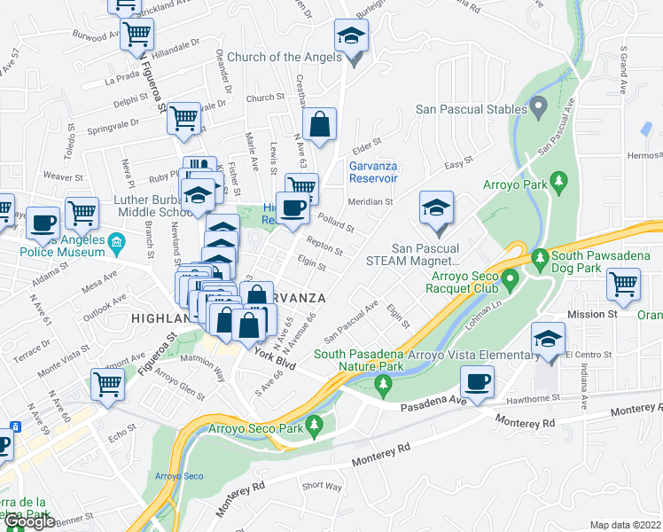 map of restaurants, bars, coffee shops, grocery stores, and more near 6519 Elgin Street in Los Angeles