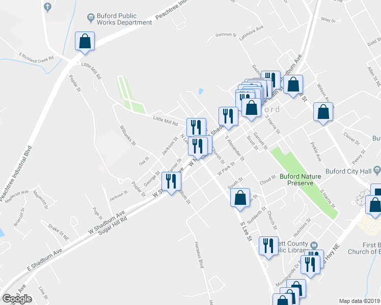 map of restaurants, bars, coffee shops, grocery stores, and more near 415 West Shadburn Avenue in Buford
