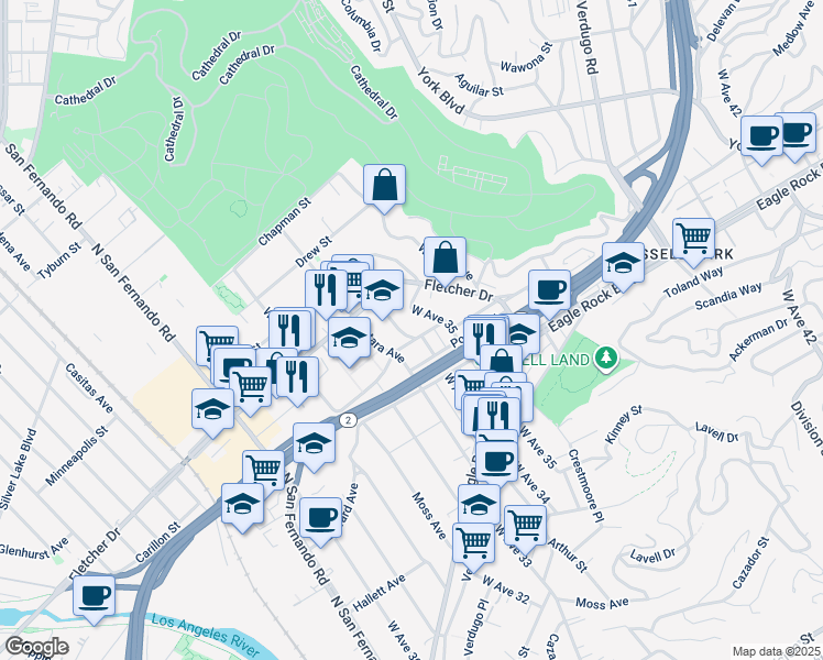map of restaurants, bars, coffee shops, grocery stores, and more near 3001 West Avenue 34 in Los Angeles
