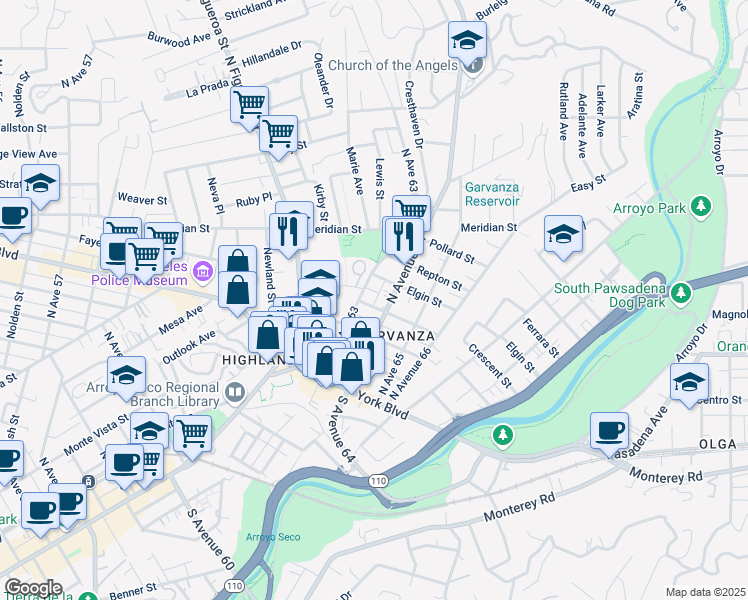 map of restaurants, bars, coffee shops, grocery stores, and more near 6315 Crescent Street in Los Angeles