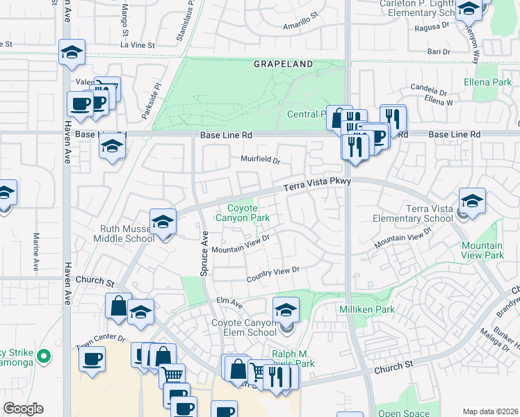 map of restaurants, bars, coffee shops, grocery stores, and more near 11090 Mountain View Drive in Rancho Cucamonga