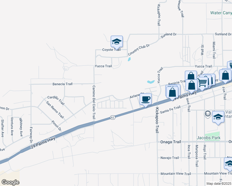 map of restaurants, bars, coffee shops, grocery stores, and more near 55100 Martinez Trail in Yucca Valley