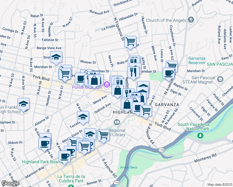map of restaurants, bars, coffee shops, grocery stores, and more near 6089 York Boulevard in Los Angeles