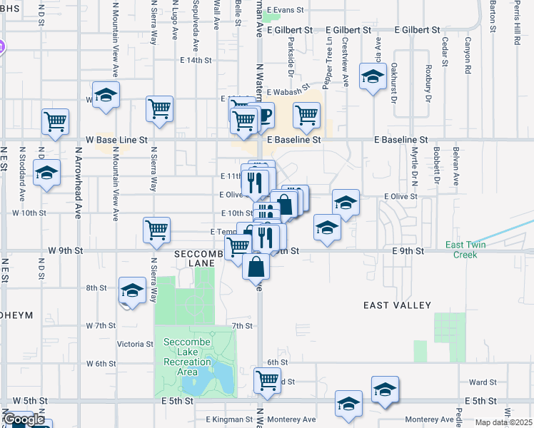 map of restaurants, bars, coffee shops, grocery stores, and more near 285 East 10th Street in San Bernardino