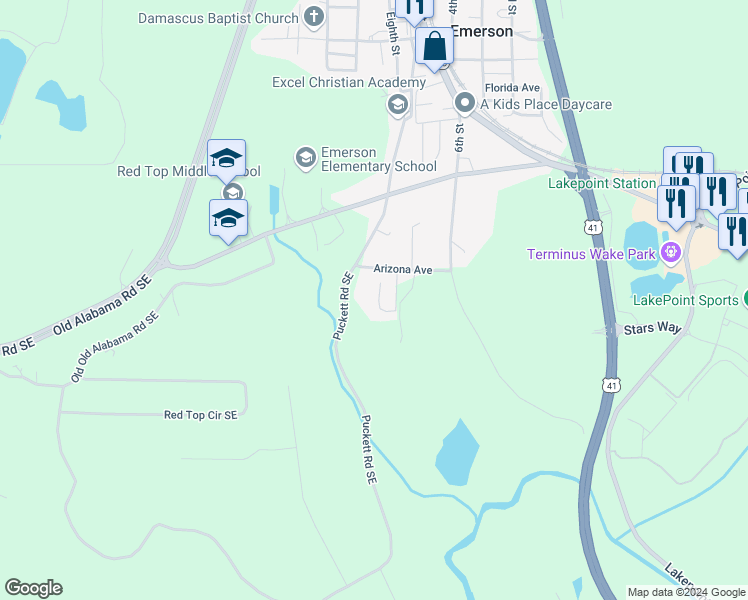 map of restaurants, bars, coffee shops, grocery stores, and more near 27 Hollyhock Lane in Emerson
