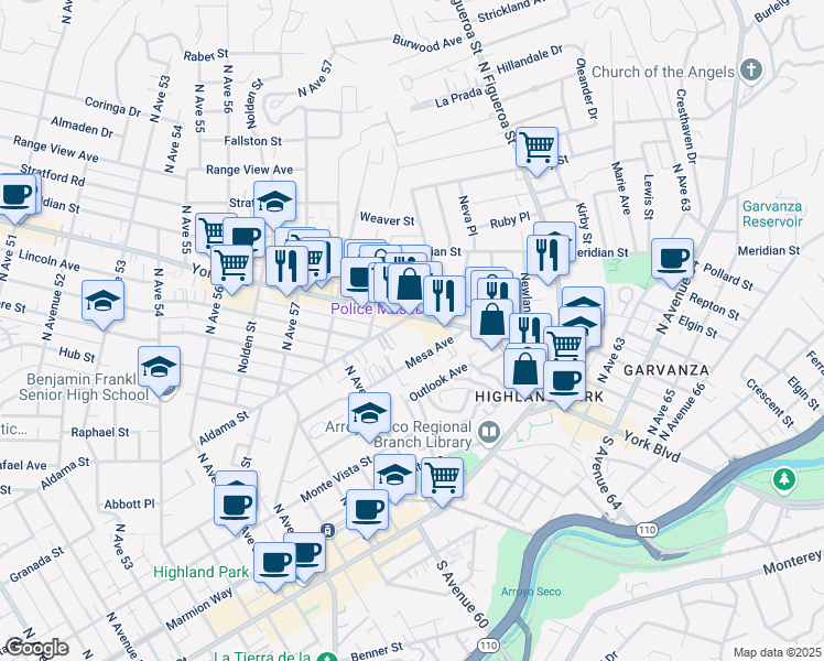 map of restaurants, bars, coffee shops, grocery stores, and more near 6180 Aldama Street in Los Angeles