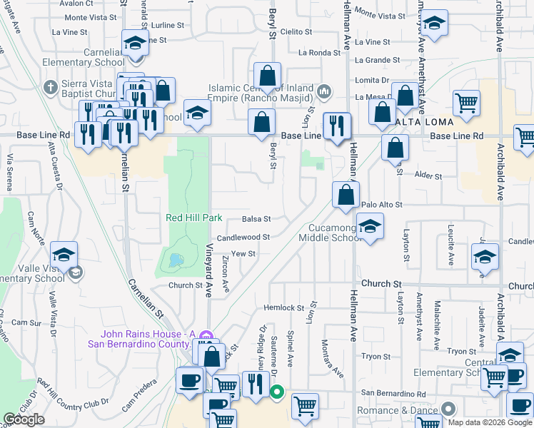map of restaurants, bars, coffee shops, grocery stores, and more near 9060 Balsa Street in Rancho Cucamonga