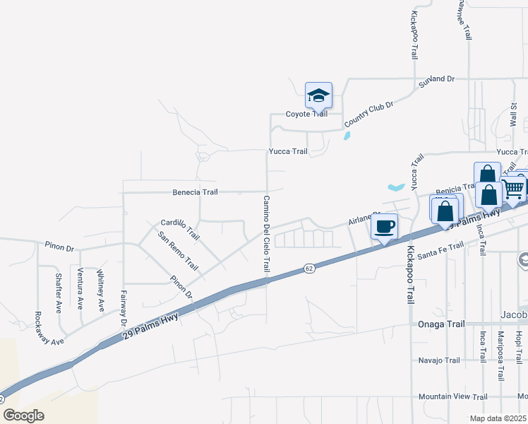 map of restaurants, bars, coffee shops, grocery stores, and more near 7422 Camino Del Cielo Trail in Yucca Valley