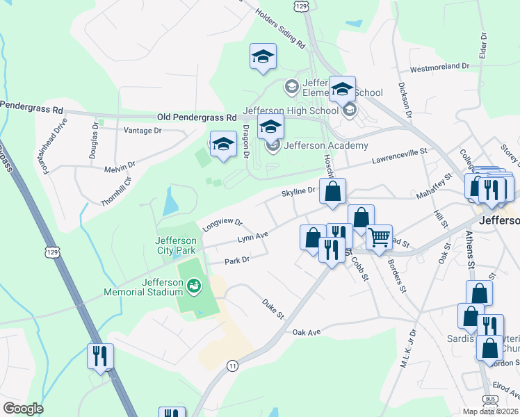 map of restaurants, bars, coffee shops, grocery stores, and more near 275 Skyline Drive in Jefferson