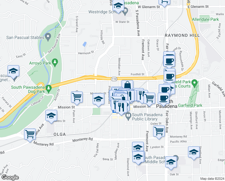 map of restaurants, bars, coffee shops, grocery stores, and more near 634 Prospect Avenue in South Pasadena