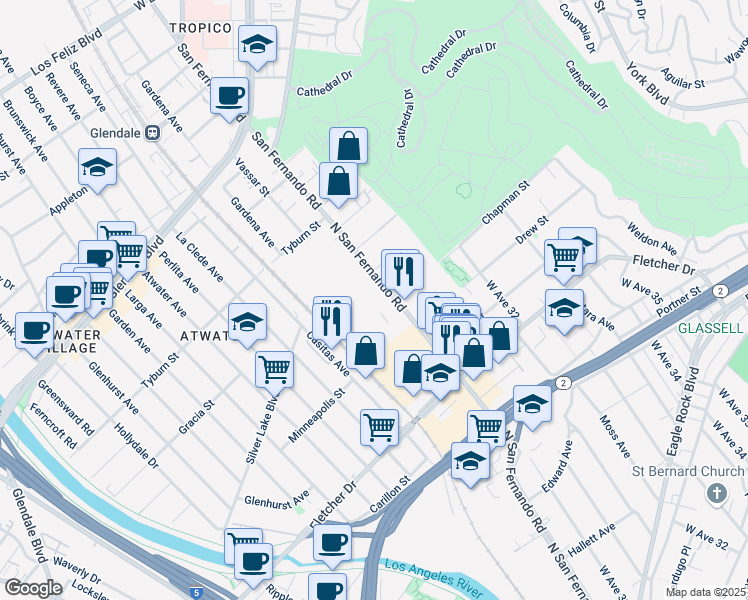 map of restaurants, bars, coffee shops, grocery stores, and more near 3332 North San Fernando Road in Los Angeles