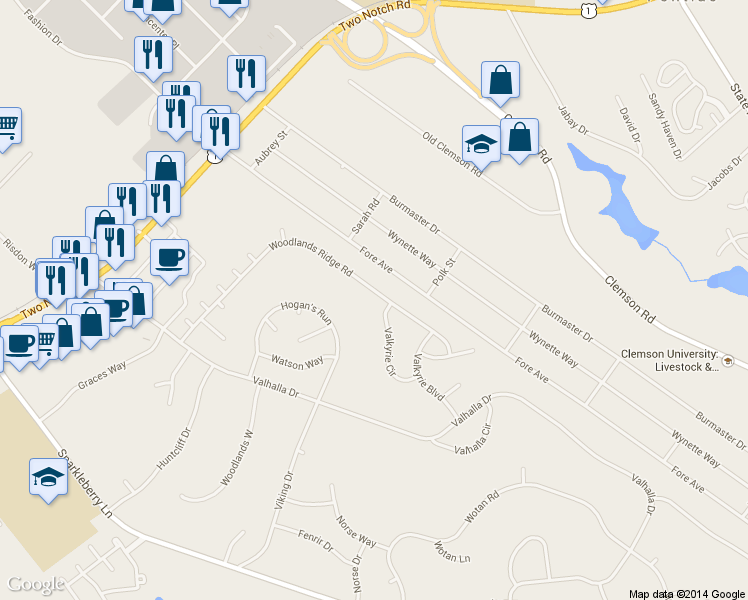 map of restaurants, bars, coffee shops, grocery stores, and more near 203 Woodlands Ridge Road in Columbia