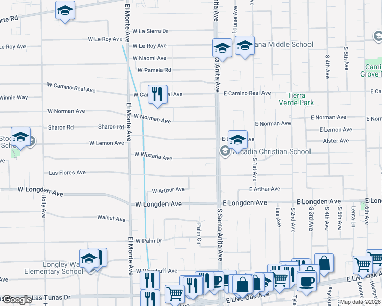 map of restaurants, bars, coffee shops, grocery stores, and more near 53 West Wistaria Avenue in Arcadia