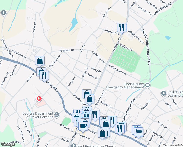 map of restaurants, bars, coffee shops, grocery stores, and more near 36 Reese Street in Elberton