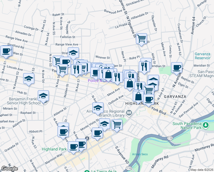 map of restaurants, bars, coffee shops, grocery stores, and more near 6176 Aldama Street in Los Angeles
