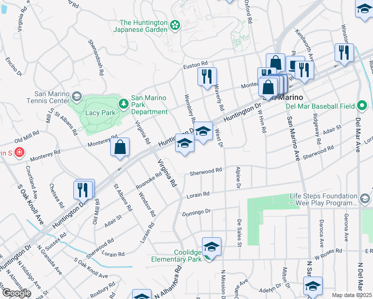 map of restaurants, bars, coffee shops, grocery stores, and more near 1746 Huntington Drive in San Marino