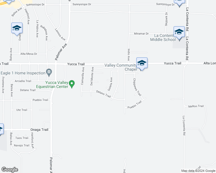 map of restaurants, bars, coffee shops, grocery stores, and more near 7438 Goleta Avenue in Yucca Valley