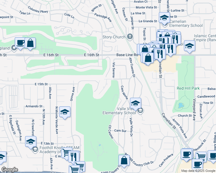 map of restaurants, bars, coffee shops, grocery stores, and more near 7519 Cerrito Rojo Drive in Rancho Cucamonga