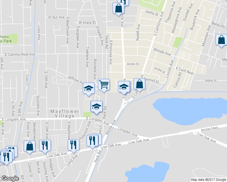 map of restaurants, bars, coffee shops, grocery stores, and more near 2548 Peck Road in Monrovia