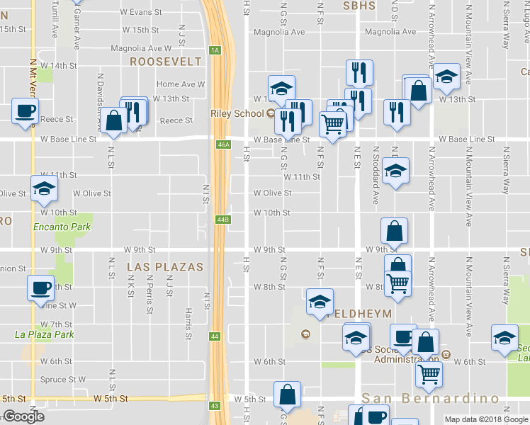 map of restaurants, bars, coffee shops, grocery stores, and more near 750 West 10th Street in San Bernardino