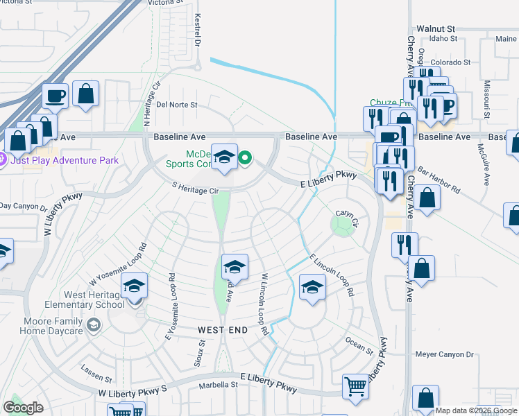map of restaurants, bars, coffee shops, grocery stores, and more near 7482 Cambridge Street in Fontana