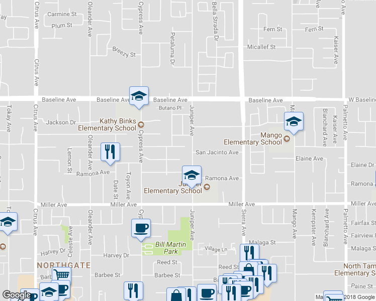 map of restaurants, bars, coffee shops, grocery stores, and more near 16675 San Jacinto Avenue in Fontana