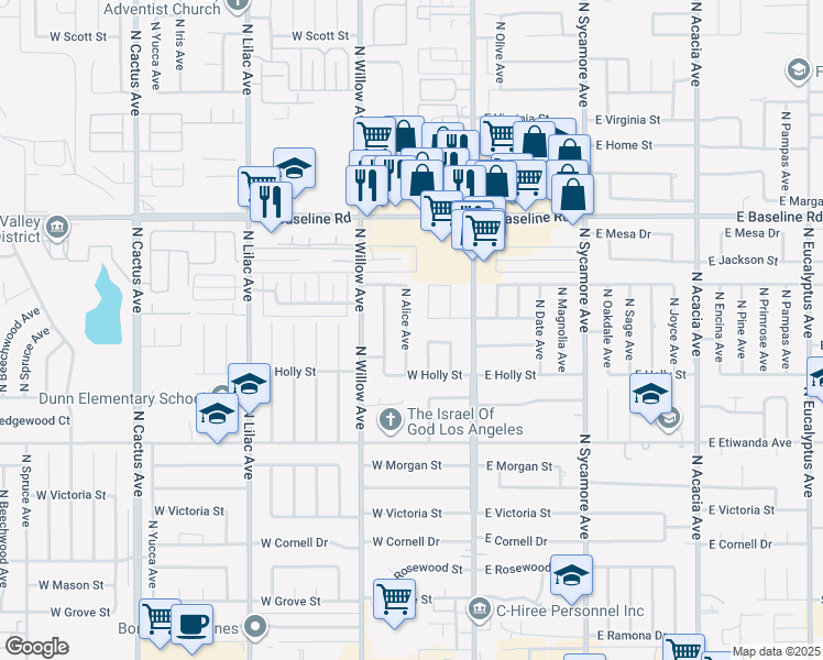 map of restaurants, bars, coffee shops, grocery stores, and more near 1005 North Alice Avenue in Rialto