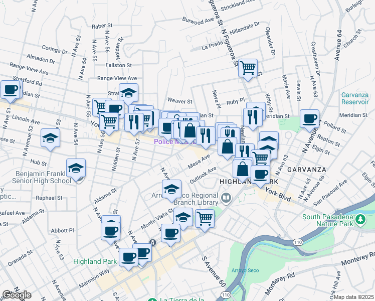 map of restaurants, bars, coffee shops, grocery stores, and more near 6176 Aldama Street in Los Angeles