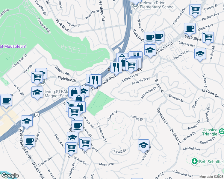 map of restaurants, bars, coffee shops, grocery stores, and more near 3745 Toland Way in Los Angeles